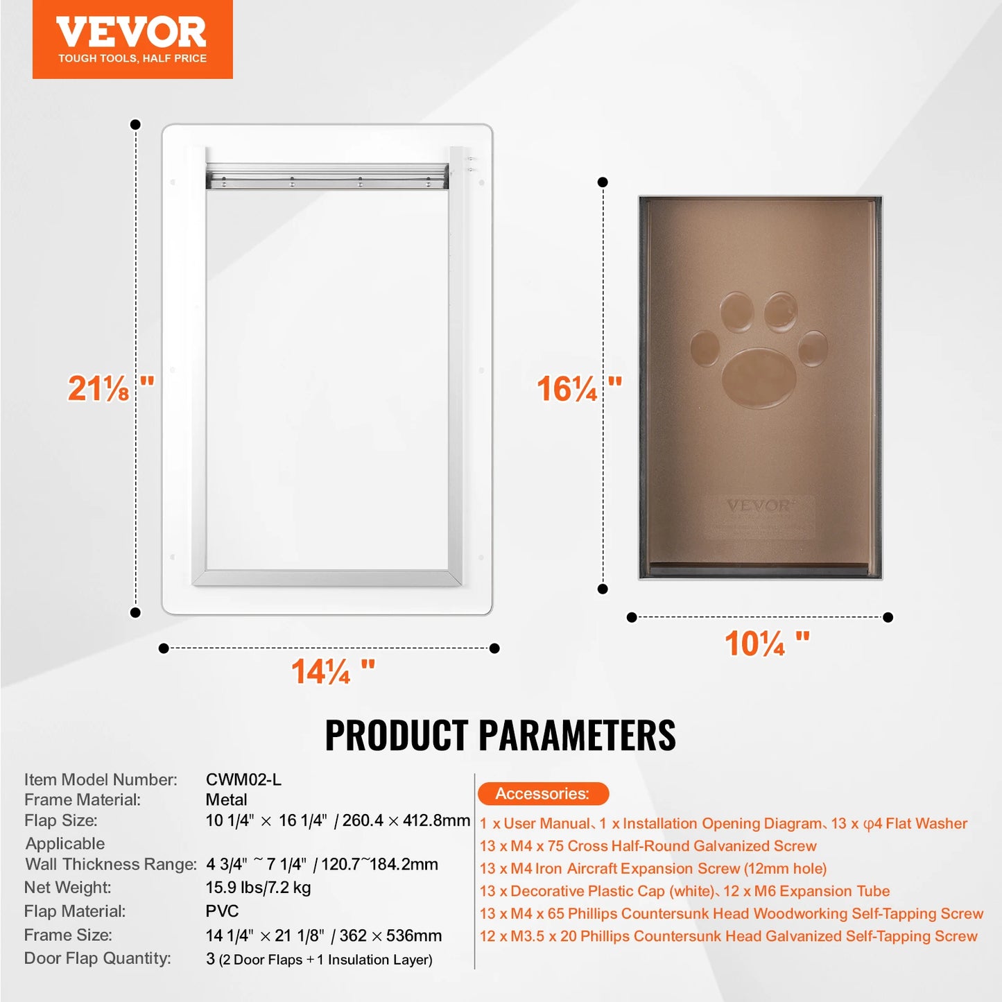 Pet Door Metal Frame with Lock and 3-Flap System Weatherproof Doggy Door Easy to Install in Interior or Exterior Walls