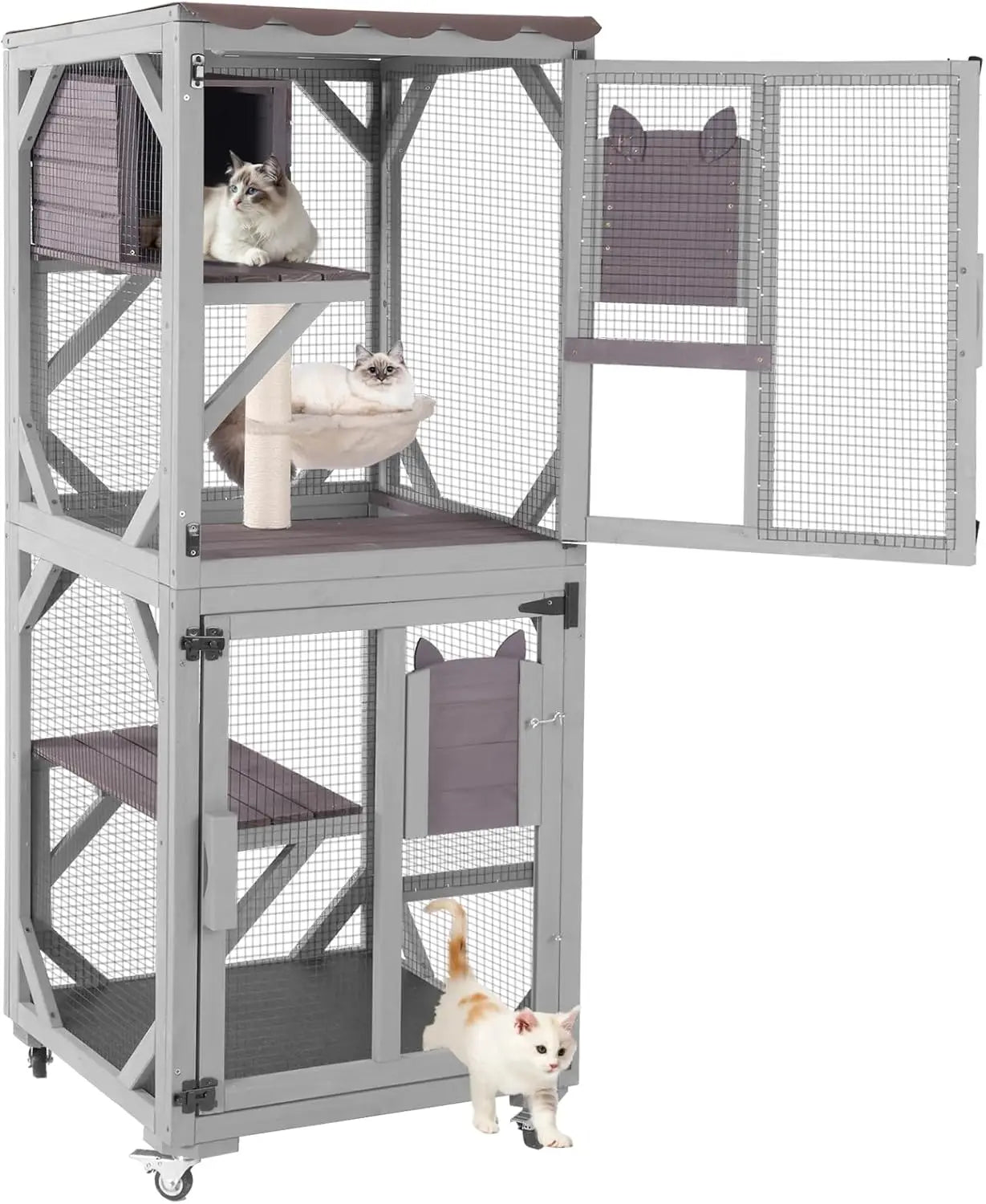 Large Catio Outdoor Cat Enclosure with Condos, Wood Catio Walk in Cat House, Kitty Shelter Indoor with Waterproof Roof