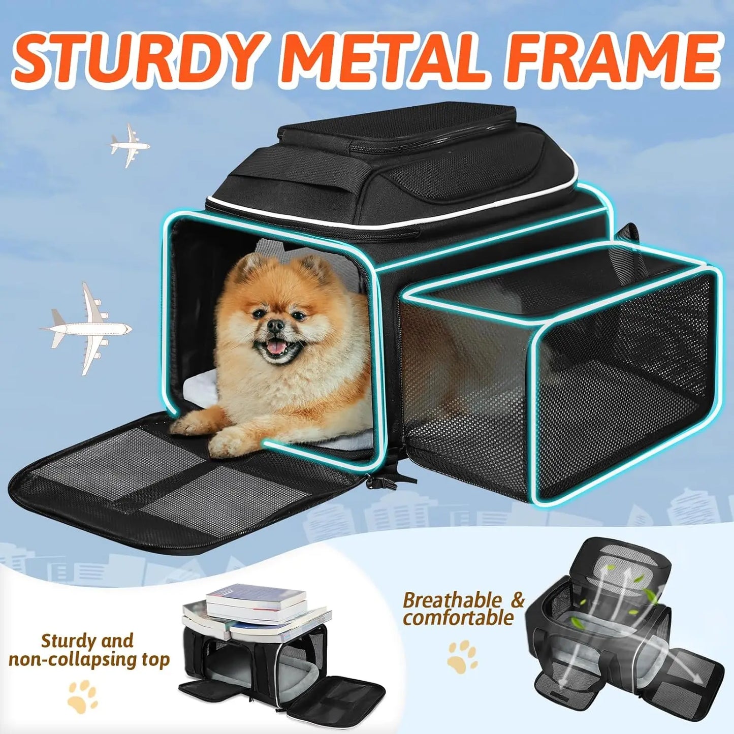 Expandable Airline-Approved Pet Carrier for Small Dogs & Cats, Soft-Sided with Safety Zippers