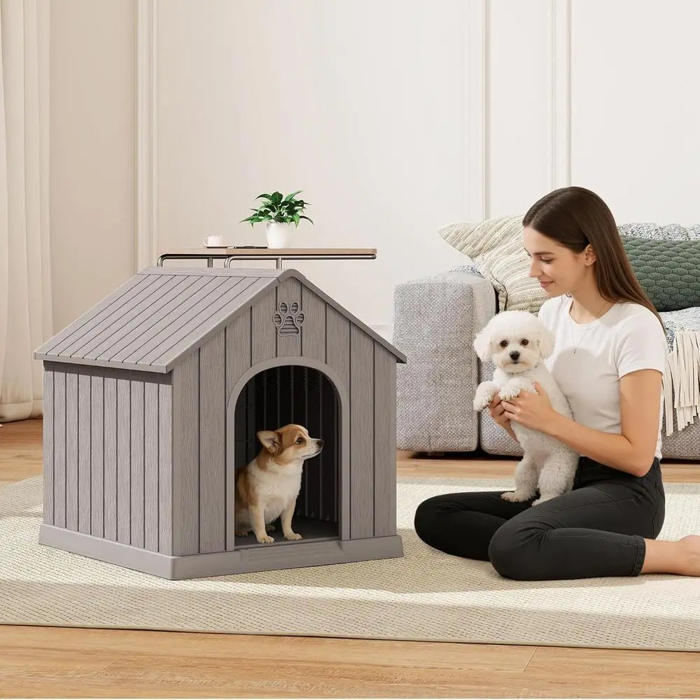 Sturdy Waterproof Plastic Doghouse for Small to Medium Dogs, Indoor/Outdoor, with Air Vents and Elevated Floor, Easy Assembly an