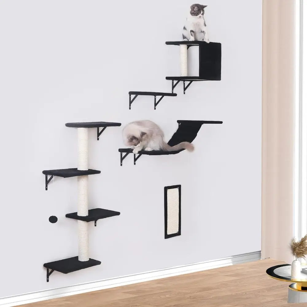 5-Piece Wall-Mounted Cat Furniture Set: Wooden Climbing House, Bridge, Tree, Steps, Scratcher in Black