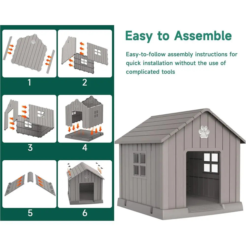 Gray Resin Outdoor Dog House for Small to Large Dogs with Air Vent and Elevated Floor