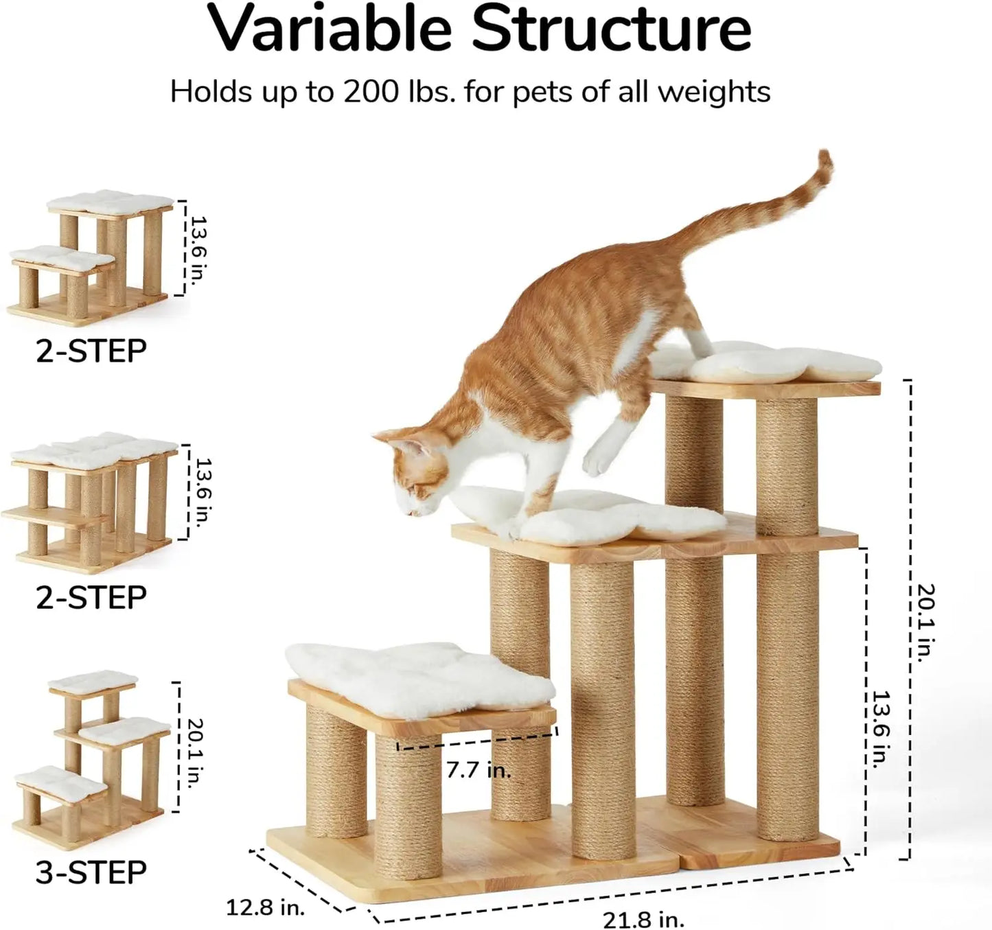 Solid Wood Pet Stairs with Cat Scratching Post, Transformable Ramp Holds 200 lbs, 20 Inch Steps for Dogs and Cats