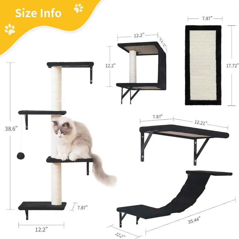 5-Piece Wall-Mounted Cat Furniture Set: Wooden Climbing House, Bridge, Tree, Steps, Scratcher in Black