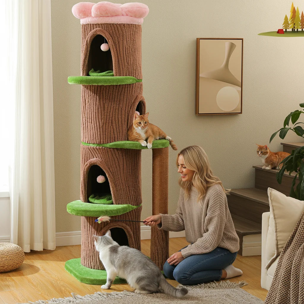 Tall Cat Tower Forest Cat Tree with Flower Top Perch,Thick Scratching Post,4 Cozy Condos Suitable for Large Heavy Cats,Cat Toys