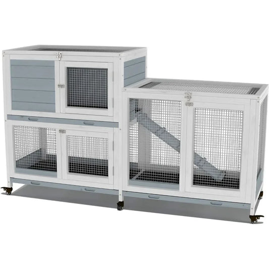 Two Floors 58" Wooden Indoor Bunny Hutch Rabbit Cage on Wheels Guinea Pig PET House for Small To Medium Animals