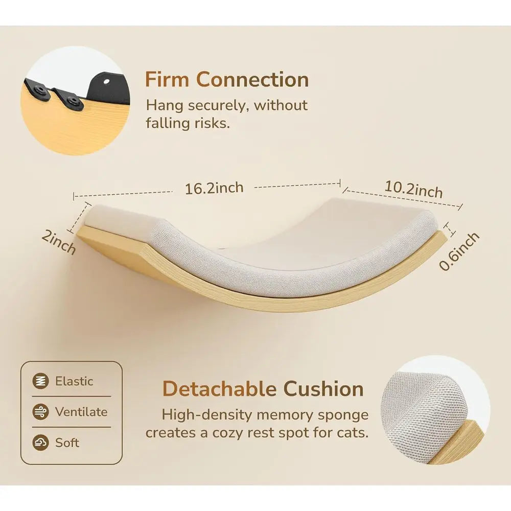 Wooden Wall-Mounted Cat Furniture Set with Curved Bed, Flat Perch, and 4-Step Stairs