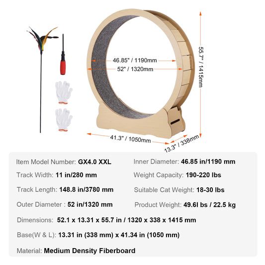 Wooden Cat Exercise Wheel Large Cat Treadmill Wheel for Indoor Cat Running Wheel With Detachable Carpet& Cat Teaser