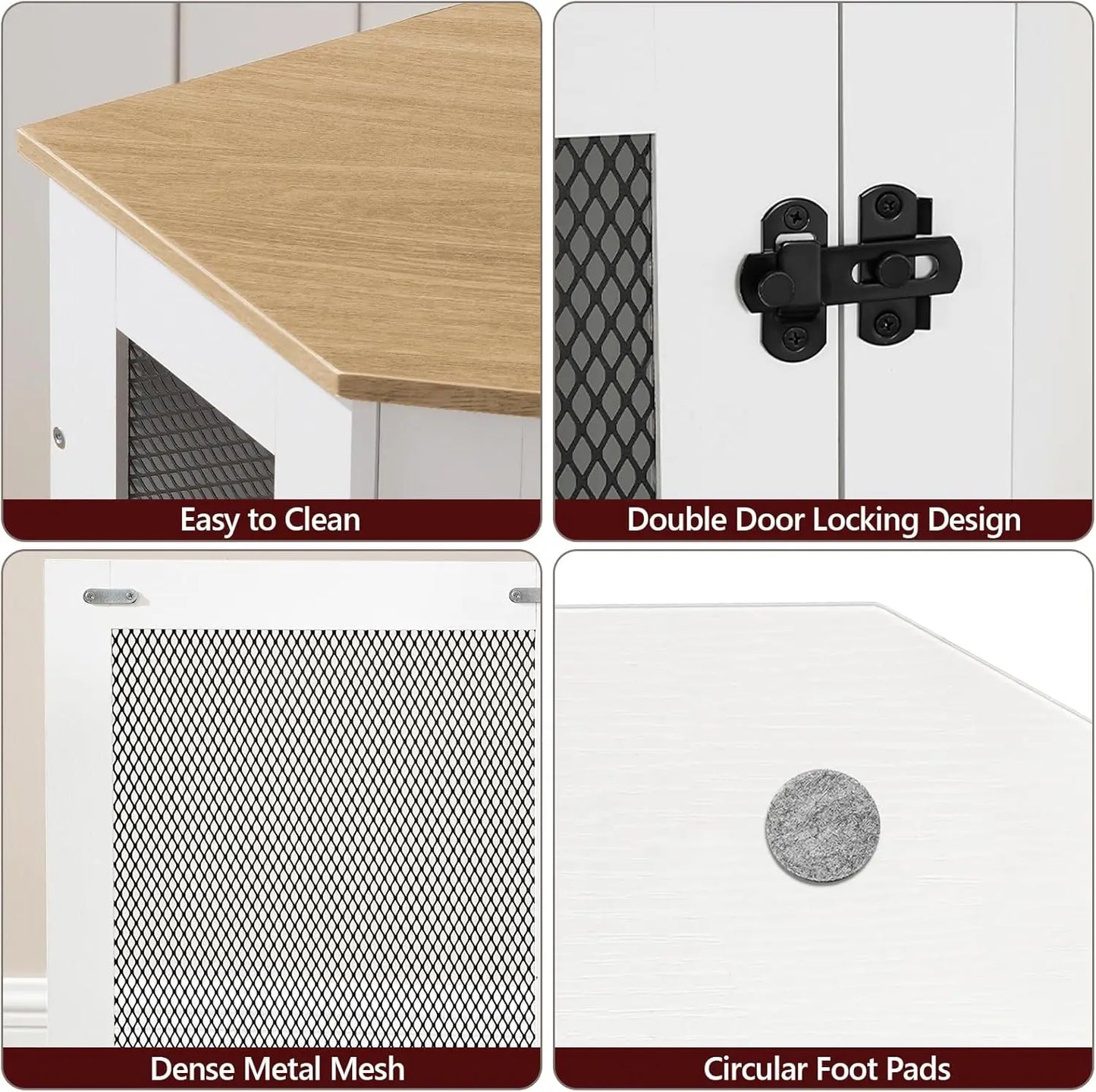 Corner Dog Crate Furniture, Wooden Kennel End Table for Small Medium Dogs, Decorative Pet Cage Indoor Use, White and Natural