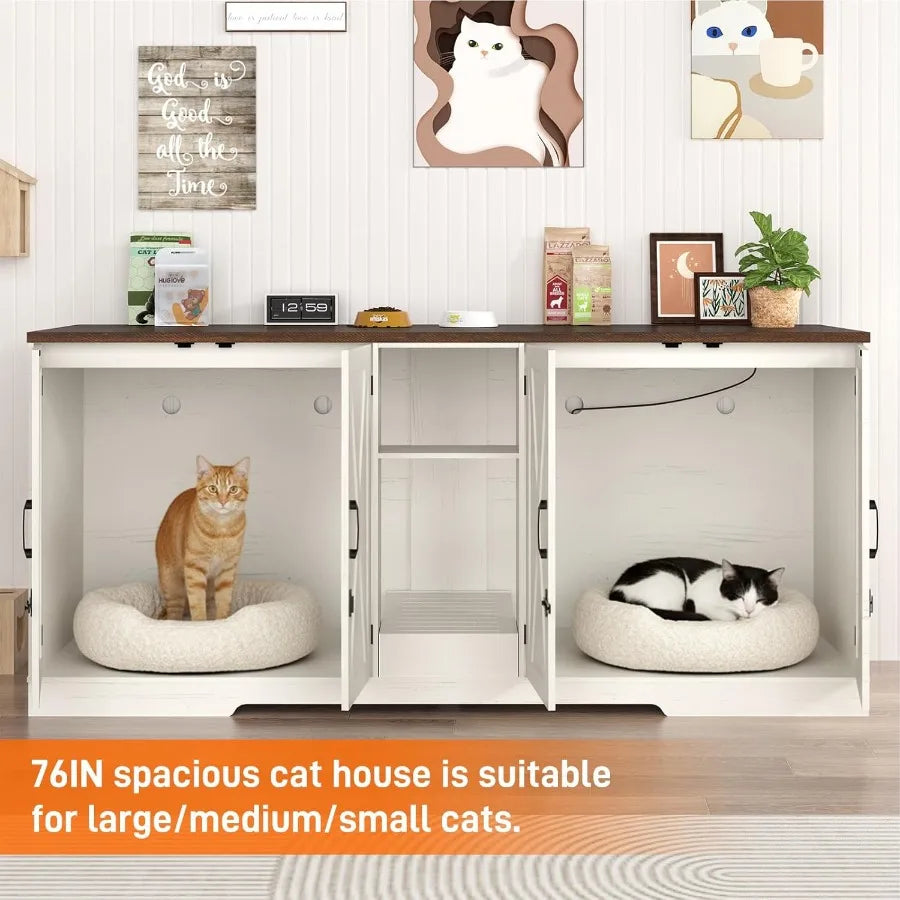 76 Inch Large Cat Litter Box Enclosure Designed for Two Cats with Integrated Power Outlets Double Wooden Pet Washroom Furniture