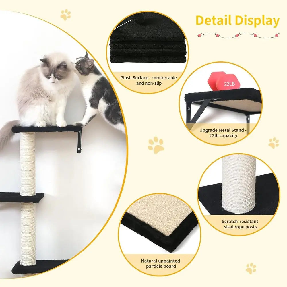 5-Piece Wall-Mounted Cat Furniture Set: Wooden Climbing House, Bridge, Tree, Steps, Scratcher in Black