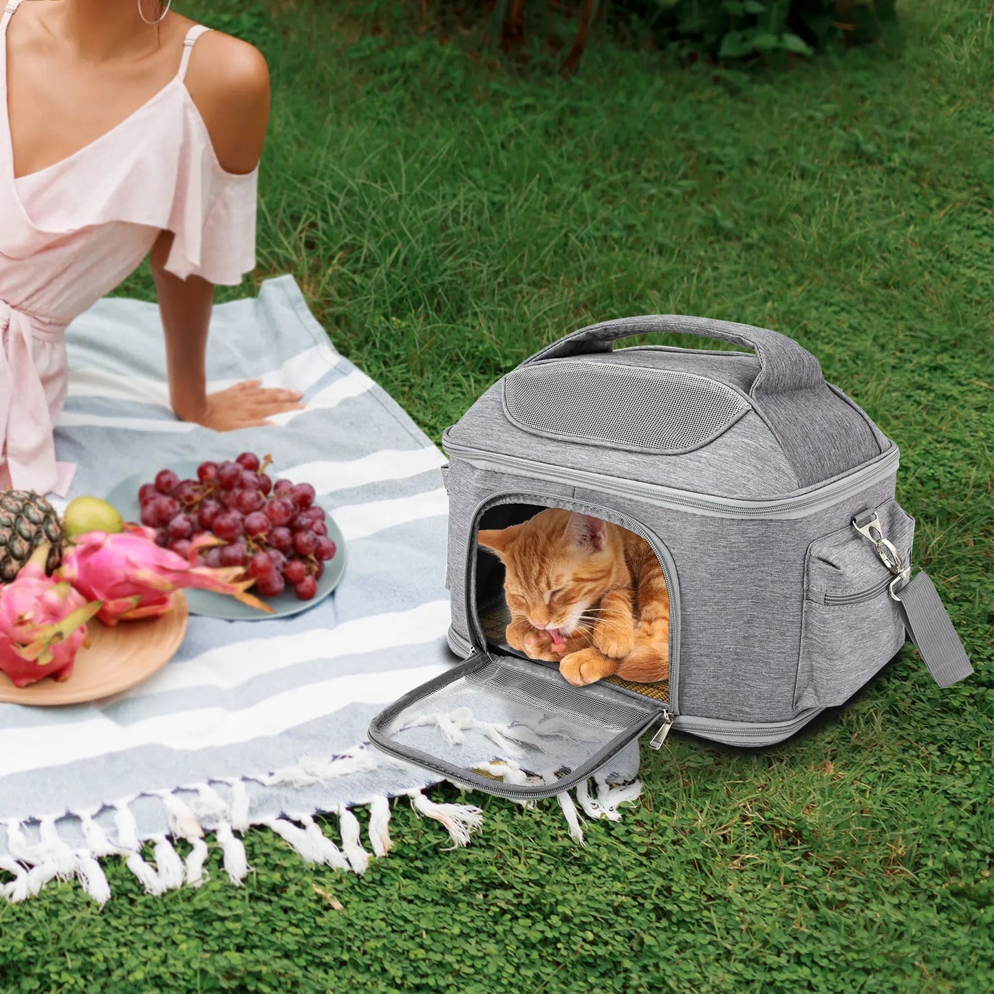 Light Gray Pet Backpack Breathable Portable Foldable Tote Bag Approved by Travel Airlines, For Dogs and Cats to Go Out