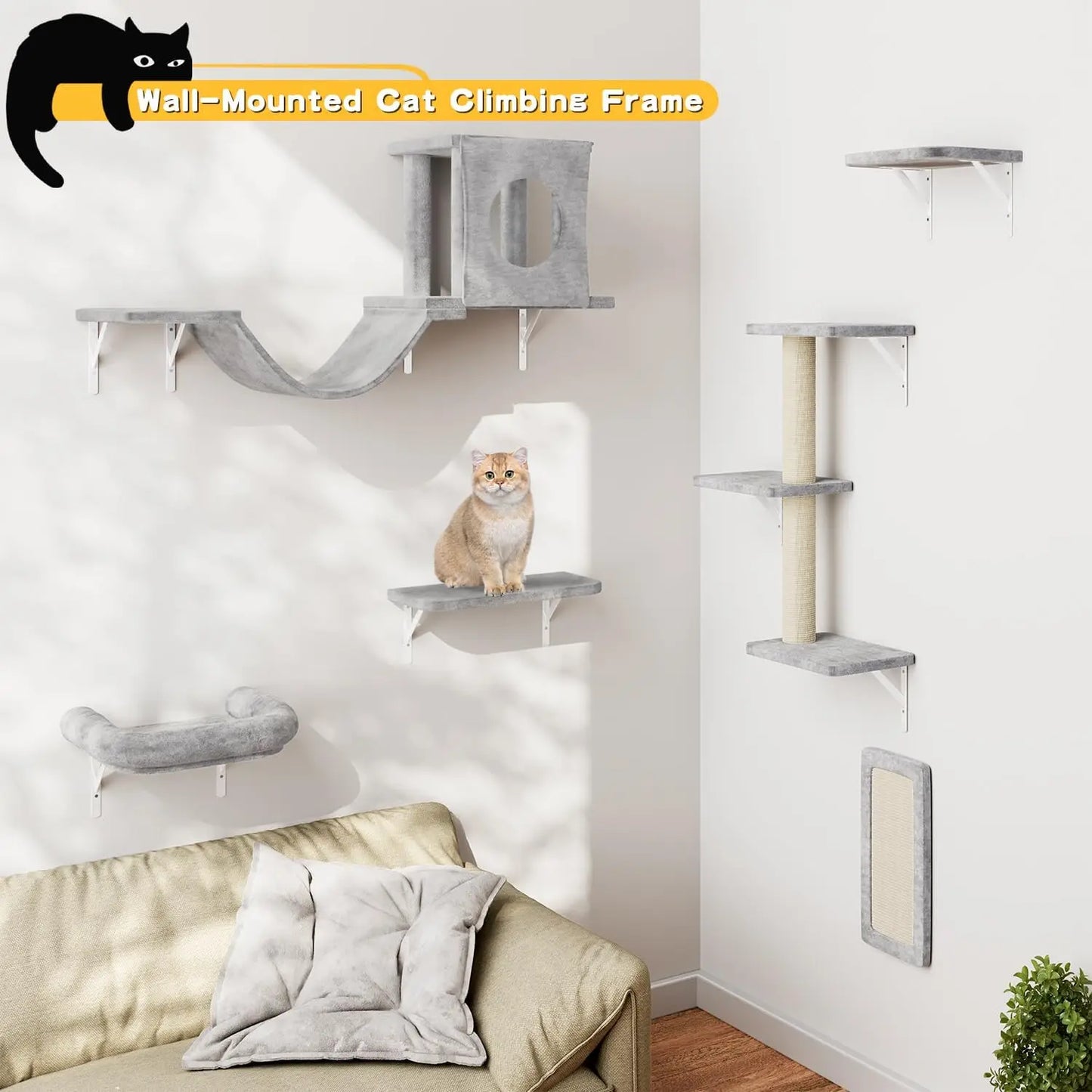 6-Piece Wall-Mounted Cat Furniture Set with Condo, Bridge, Steps, Scratcher, and Hammock for Indoor Play
