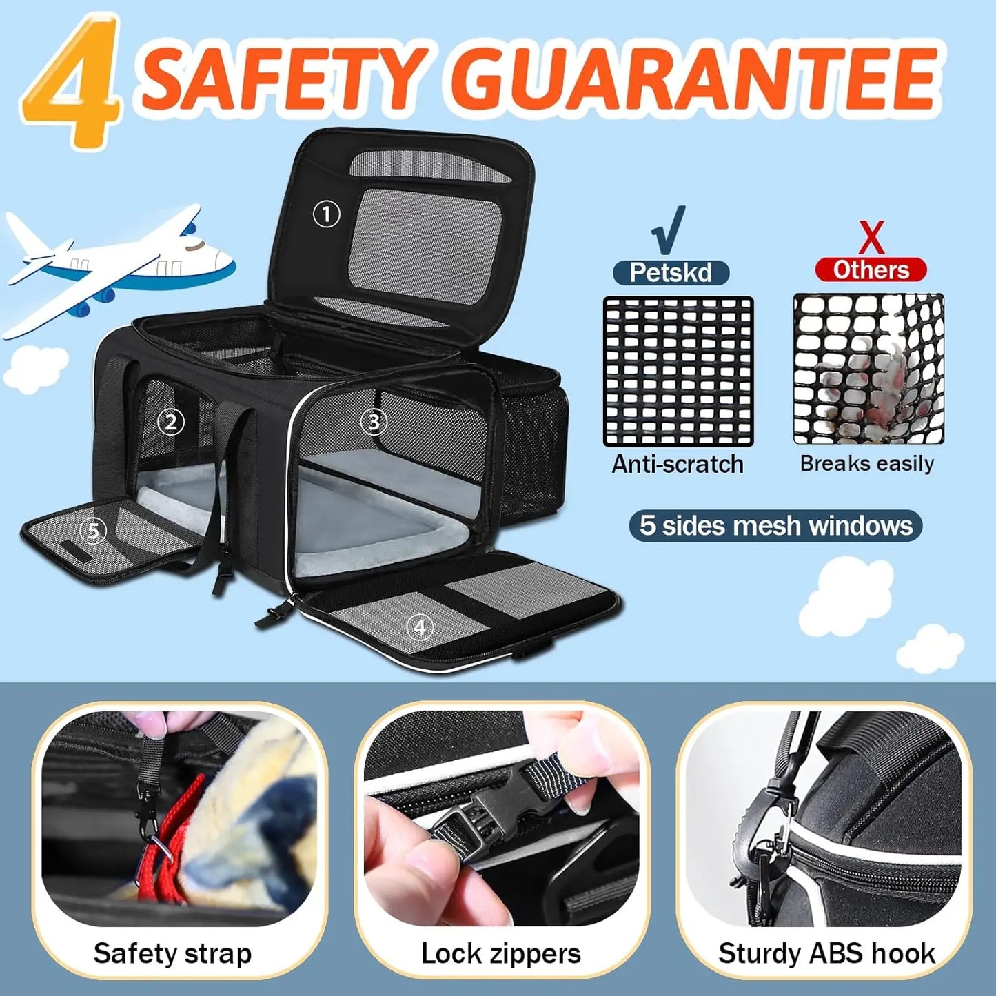 Expandable Airline-Approved Pet Carrier for Small Dogs & Cats, Soft-Sided with Safety Zippers