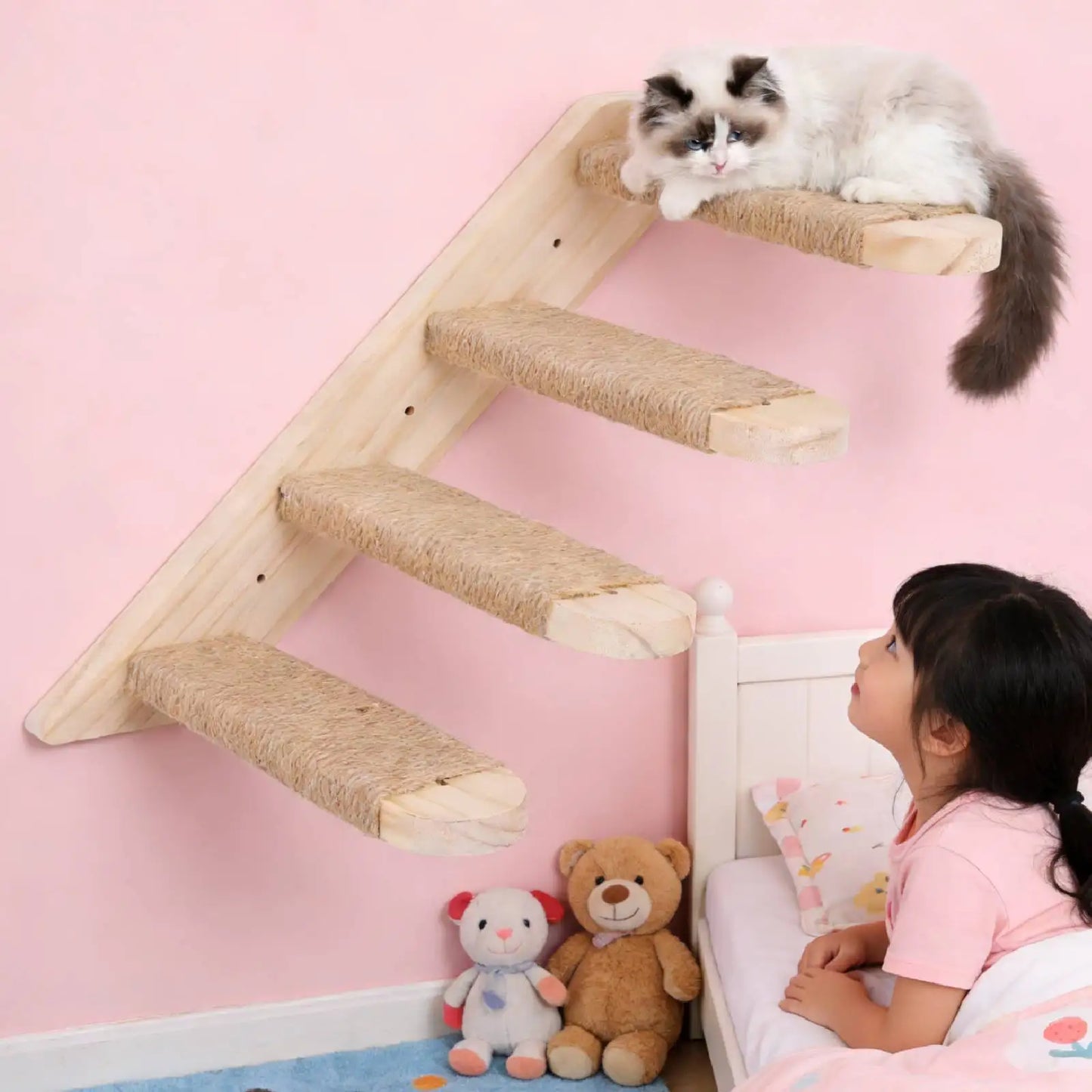 4-Layer Cat Climbing Stairs Wall Mounted Cat Climbing Frame Easy to Install Wooden Cats Wall Shelves Pet Furnitures Accessories