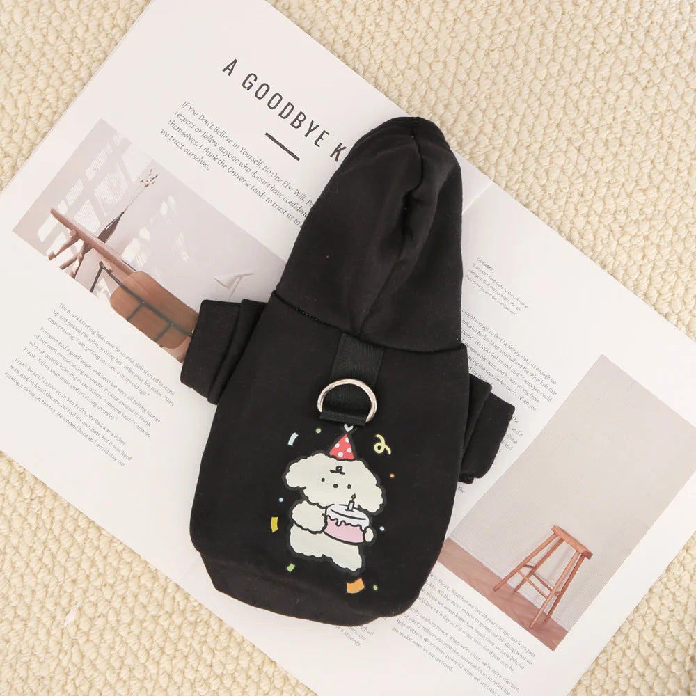 Milk Silk Flannel Dog Hoodie with Cute Print & Drawstring, Autumn Winter Cat Pet Clothes
