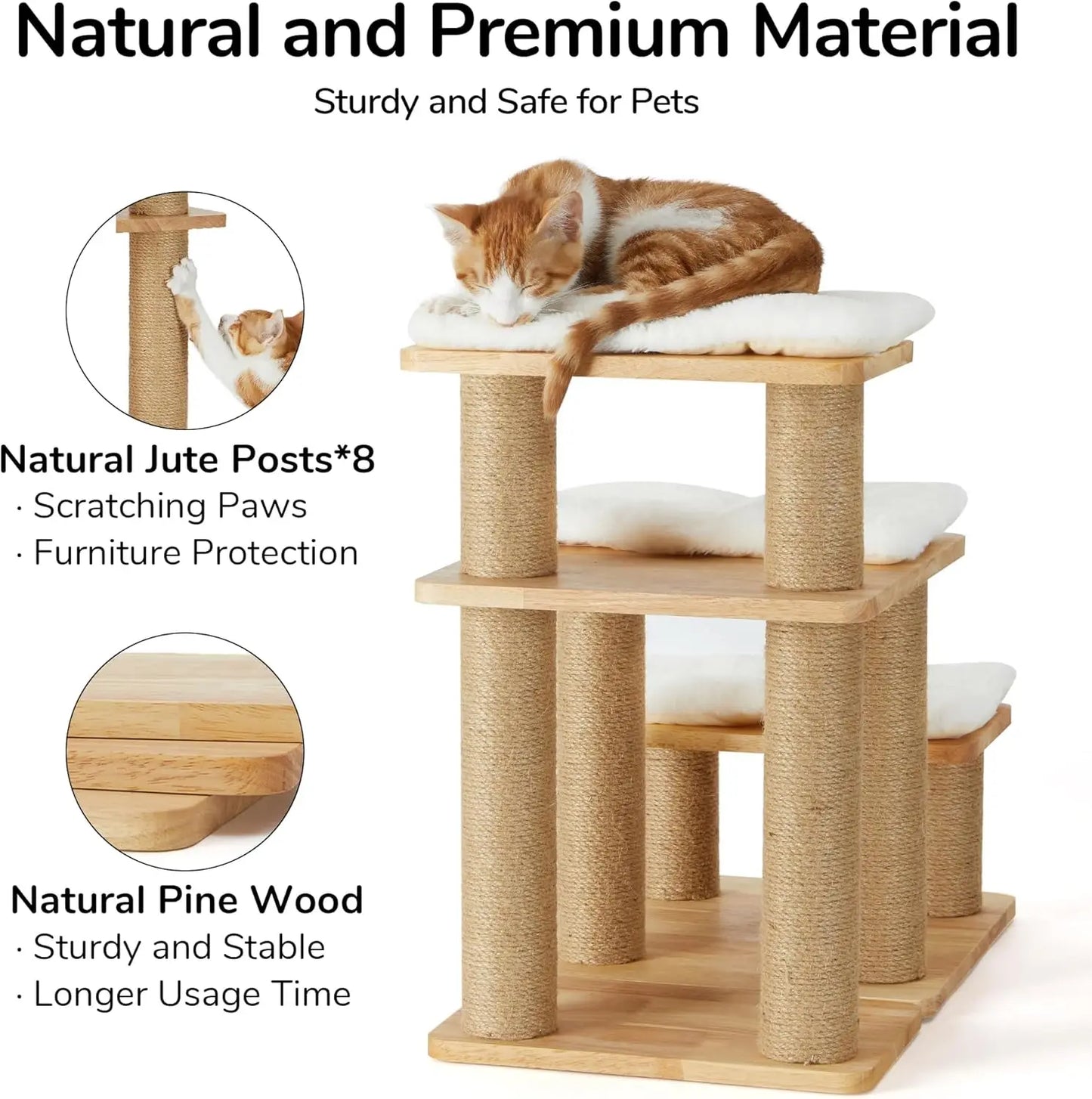 Solid Wood Pet Stairs with Cat Scratching Post, Transformable Ramp Holds 200 lbs, 20 Inch Steps for Dogs and Cats