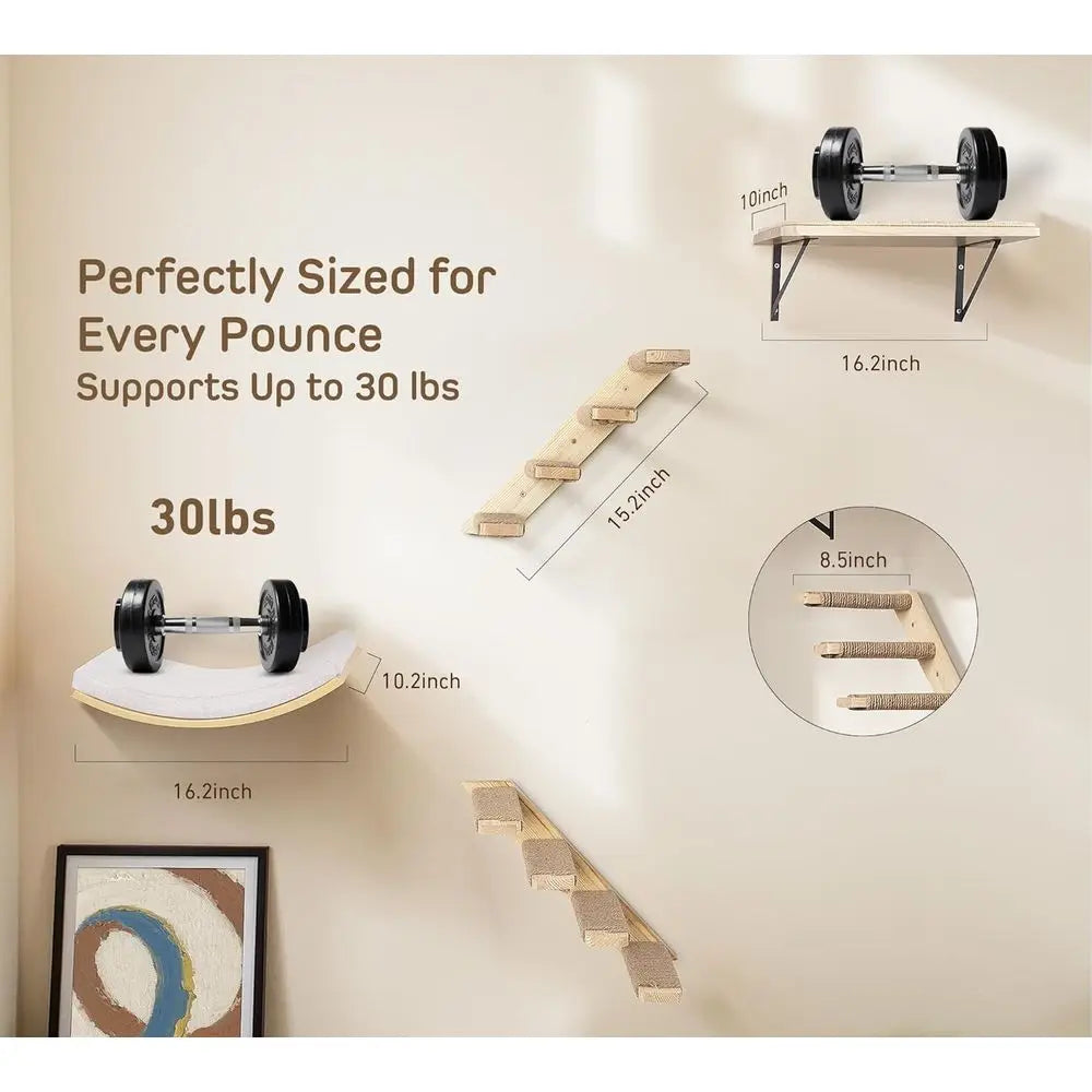Wooden Wall-Mounted Cat Furniture Set with Curved Bed, Flat Perch, and 4-Step Stairs