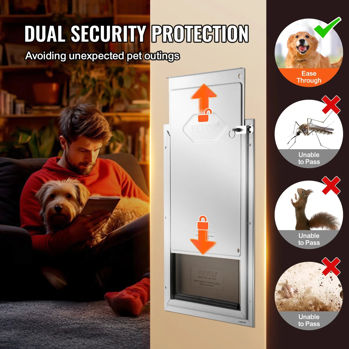 Pet Door Aluminum Frame with Lock and Flap System Weatherproof Doggy Door Easy to Install in Interior or Exterior Doors