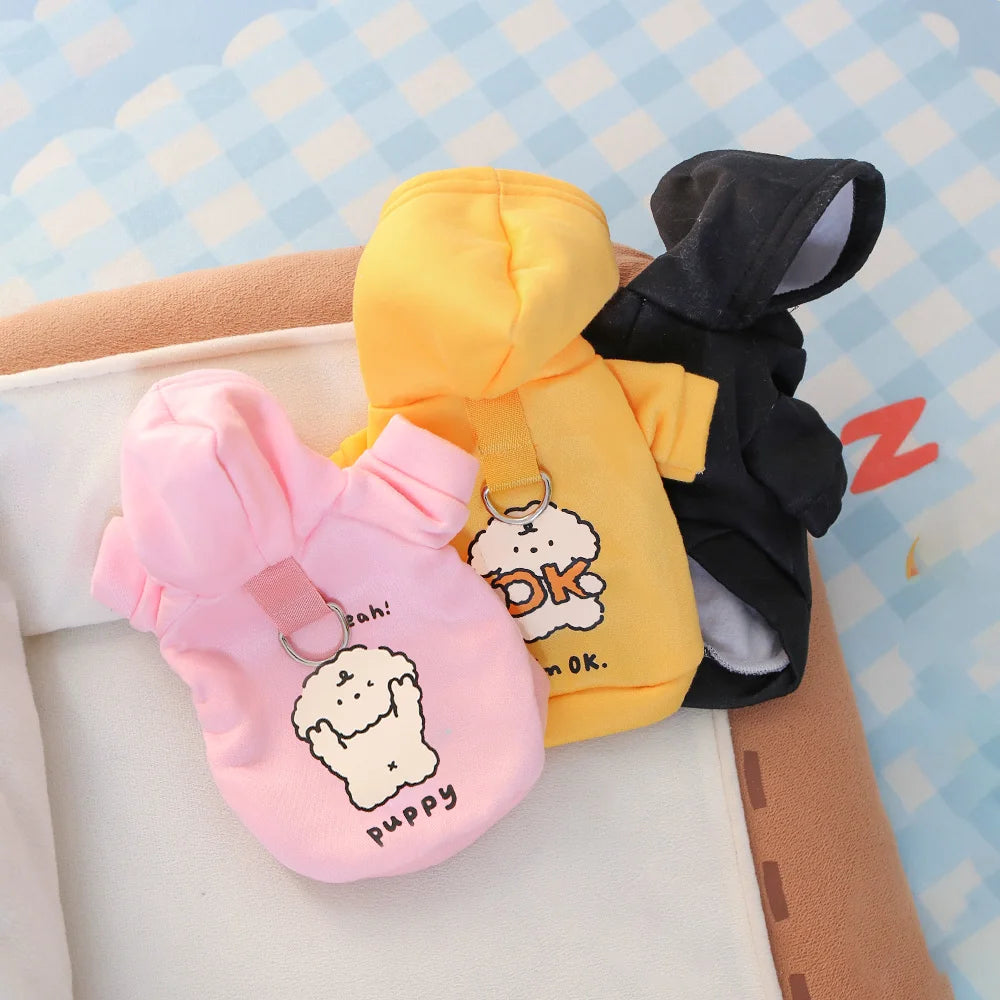 Milk Silk Flannel Dog Hoodie with Cute Print & Drawstring, Autumn Winter Cat Pet Clothes