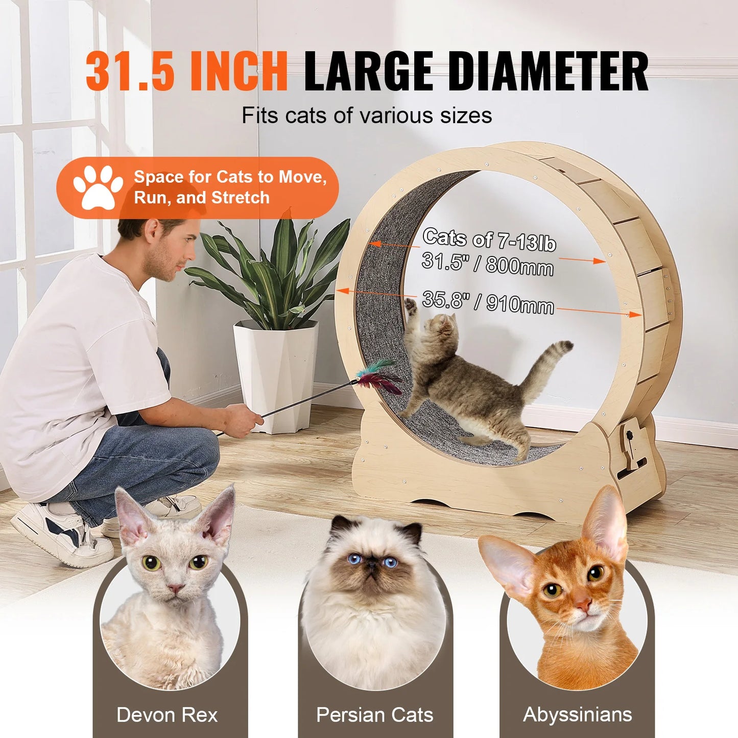 Wooden Cat Exercise Wheel Large Cat Treadmill Wheel for Indoor Cat Running Wheel With Detachable Carpet& Cat Teaser