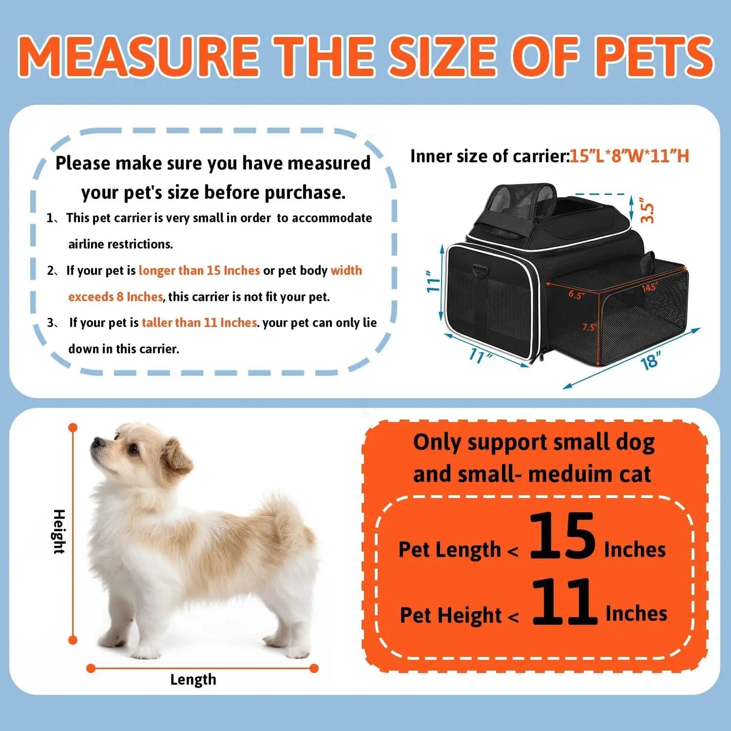 Expandable Airline-Approved Pet Carrier for Small Dogs & Cats, Soft-Sided with Safety Zippers