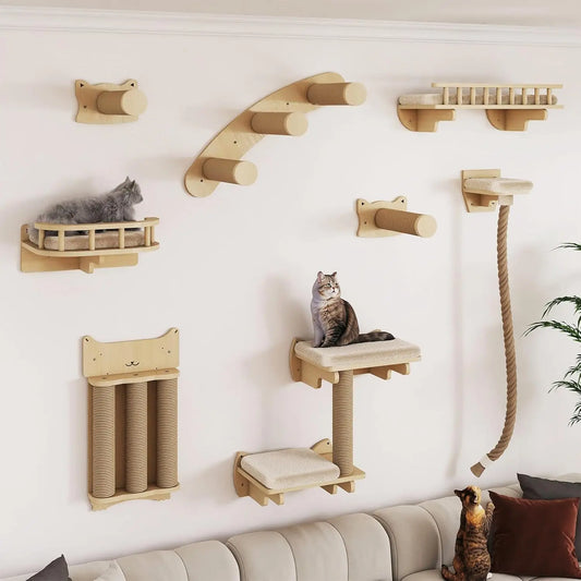 Cat ClimWall Set Made of Natural Wood, 8 Pcs Sturdy Furniture with Scratching Posts, Kitten Platform, 100CM Sisal Rope and