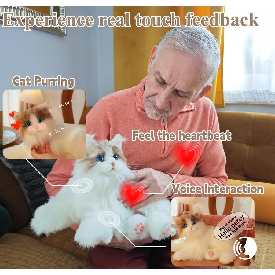 Interactive Companion Robot Cat Pets, Handmade Stuffed Animals Cat Plush with Voice Response, Realistic Heartbeat and Purring, G