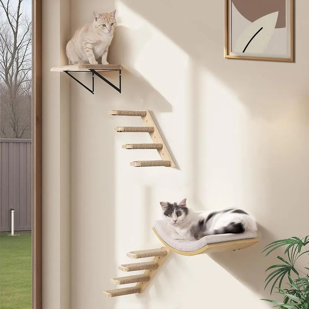 Wooden Wall-Mounted Cat Furniture Set with Curved Bed, Flat Perch, and 4-Step Stairs