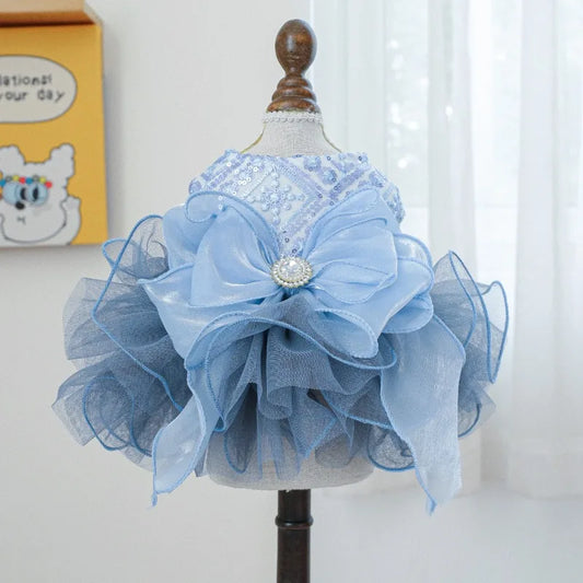 Pet Dog Cat Universal Clothing Fluffy Gauze Blue Galaxy Wedding Dress Take Photos and Dress Up for Weddings Festivals Gatherings