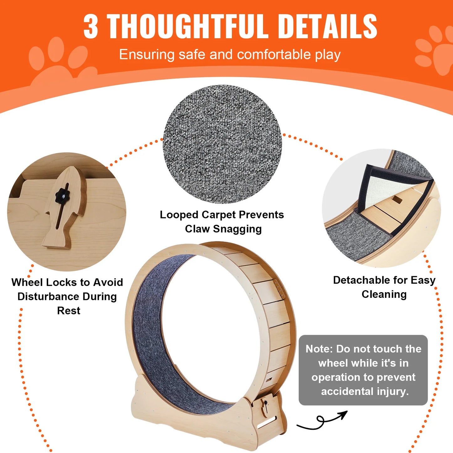 Wooden Cat Exercise Wheel Large Cat Treadmill Wheel for Indoor Cat Running Wheel with Detachable Carpet& Cat Teaser