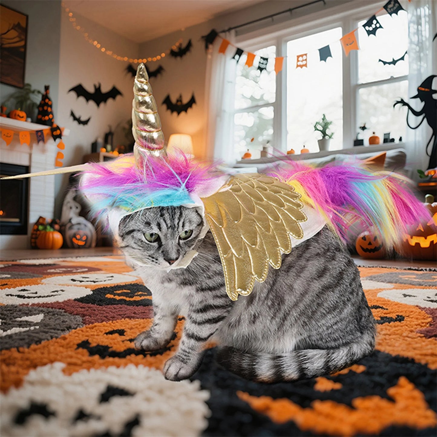 Funny Pet Cat Unicorn Costume Set with Horn Wings and Rainbow Mane - Adorable Cosplay Outfit for Halloween Party Supplies and