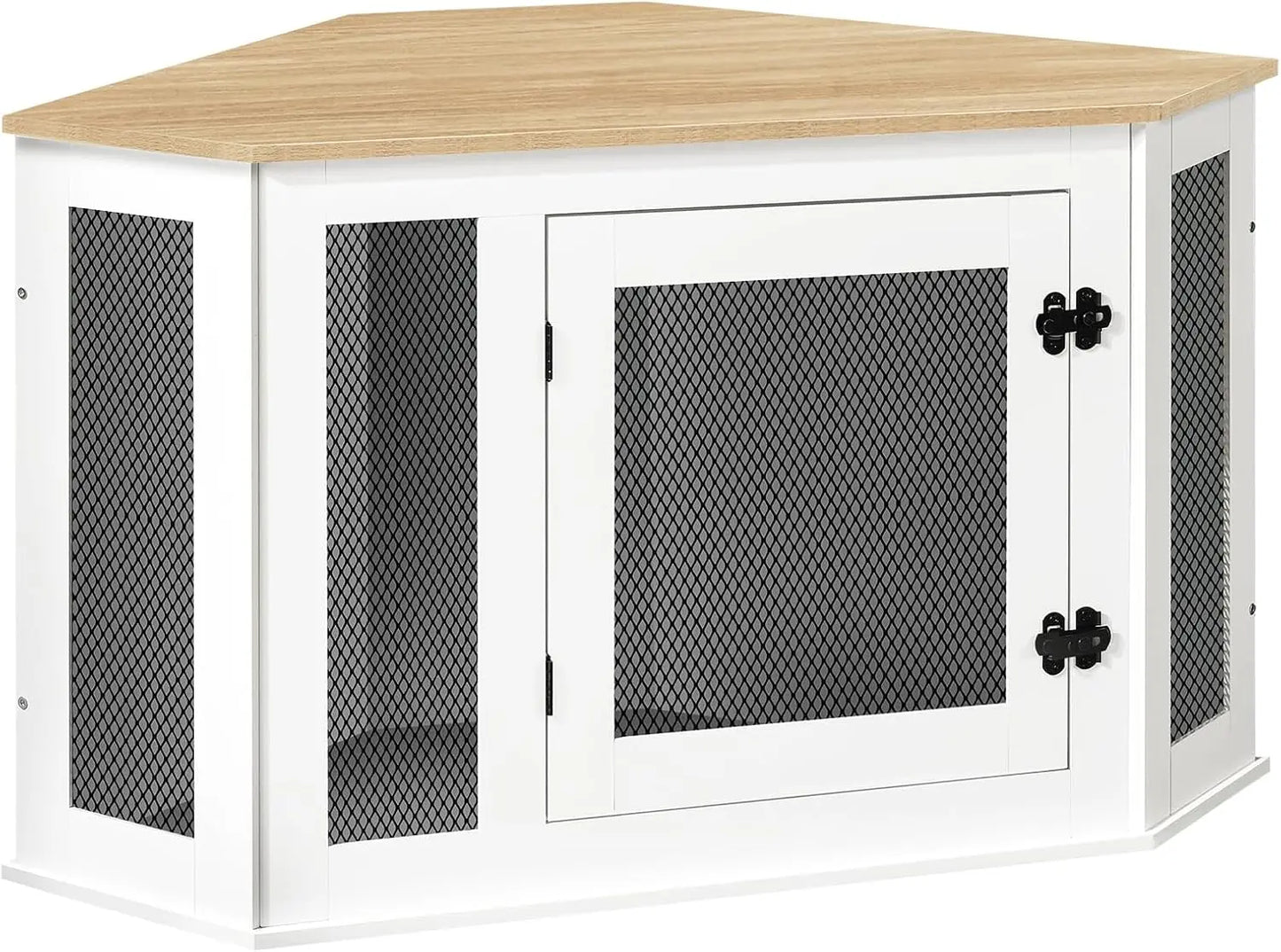 Corner Dog Crate Furniture, Wooden Kennel End Table for Small Medium Dogs, Decorative Pet Cage Indoor Use, White and Natural