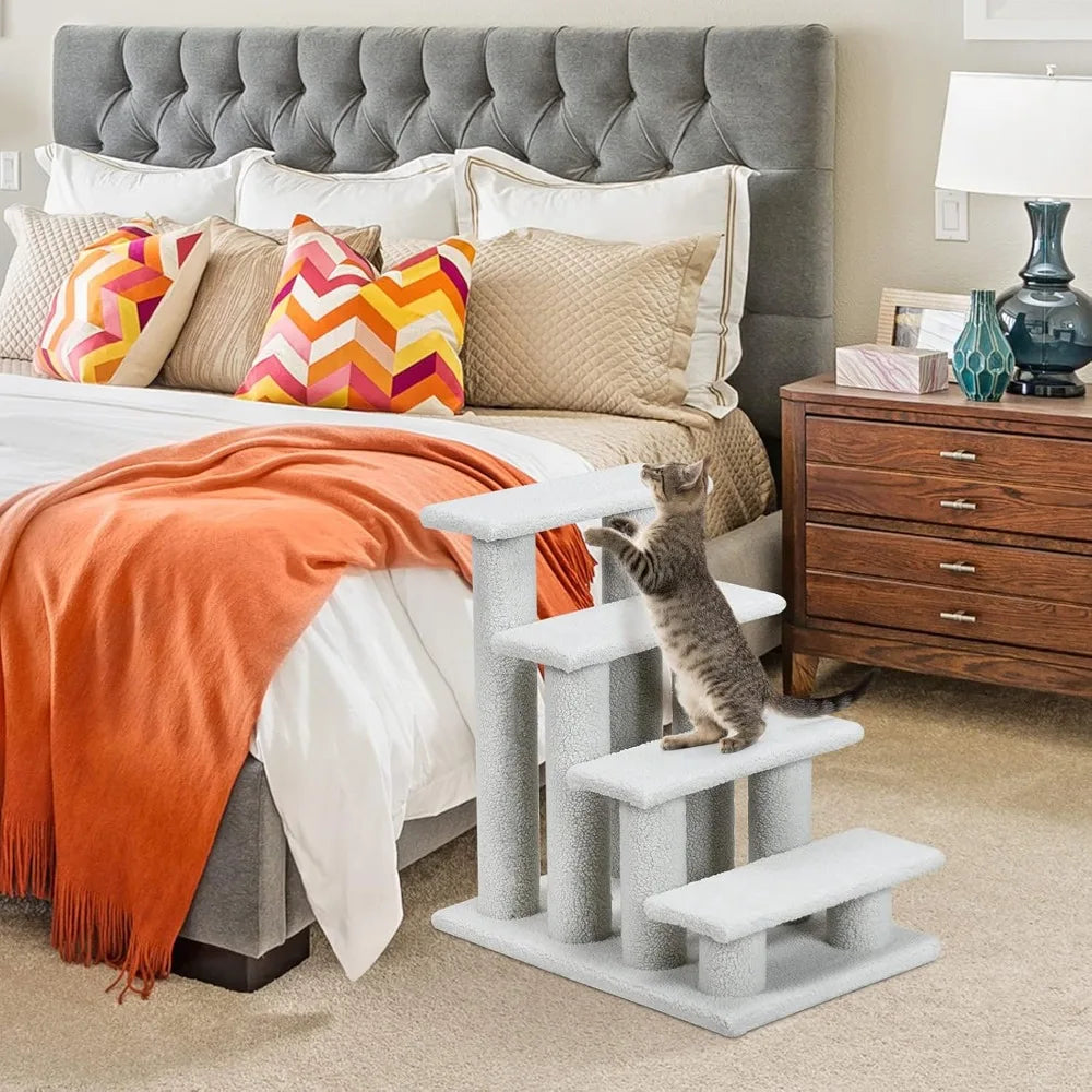 Pet Stairs For Cats And Dogs, 4-Step Carpeted Ladder Ramp Cat Climber Cat Scratching Post, Multi-Step Dog Stairs For Hi