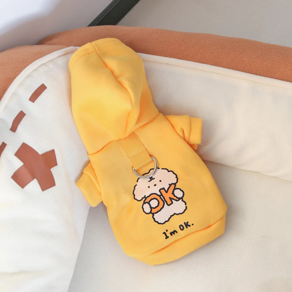 Milk Silk Flannel Dog Hoodie with Cute Print & Drawstring, Autumn Winter Cat Pet Clothes