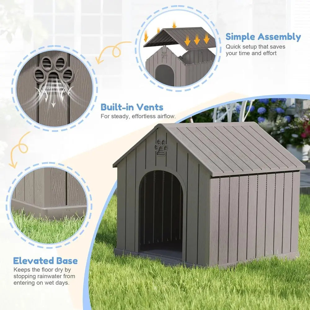 Sturdy Waterproof Plastic Doghouse for Small to Medium Dogs, Indoor/Outdoor, with Air Vents and Elevated Floor, Easy Assembly an