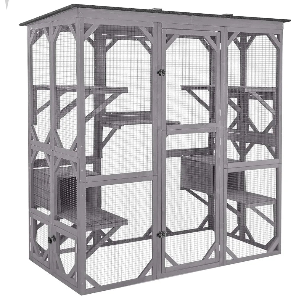 Cat House Outdoor Catio Kitty Enclosure with Super Large Enter Door, Wooden Cat Cage Condo Indoor Playpen with Platform