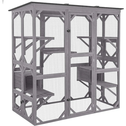 Cat House Outdoor Catio Kitty Enclosure with Super Large Enter Door, Wooden Cat Cage Condo Indoor Playpen with Platform