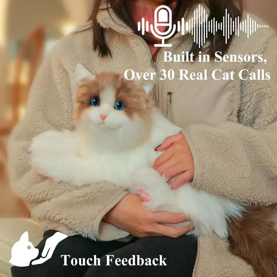 Interactive Companion Robot Cat Pets, Handmade Stuffed Animals Cat Plush with Voice Response, Realistic Heartbeat and Purring, G