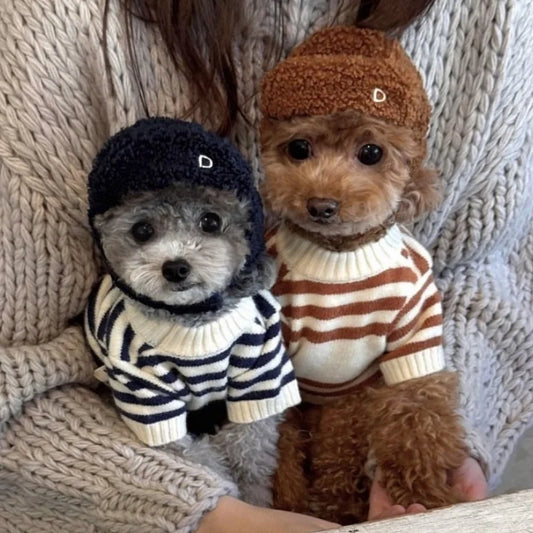 Winter Pet Knitted Sweater: Cute Striped Bear Print Turtleneck for Dogs & Cats