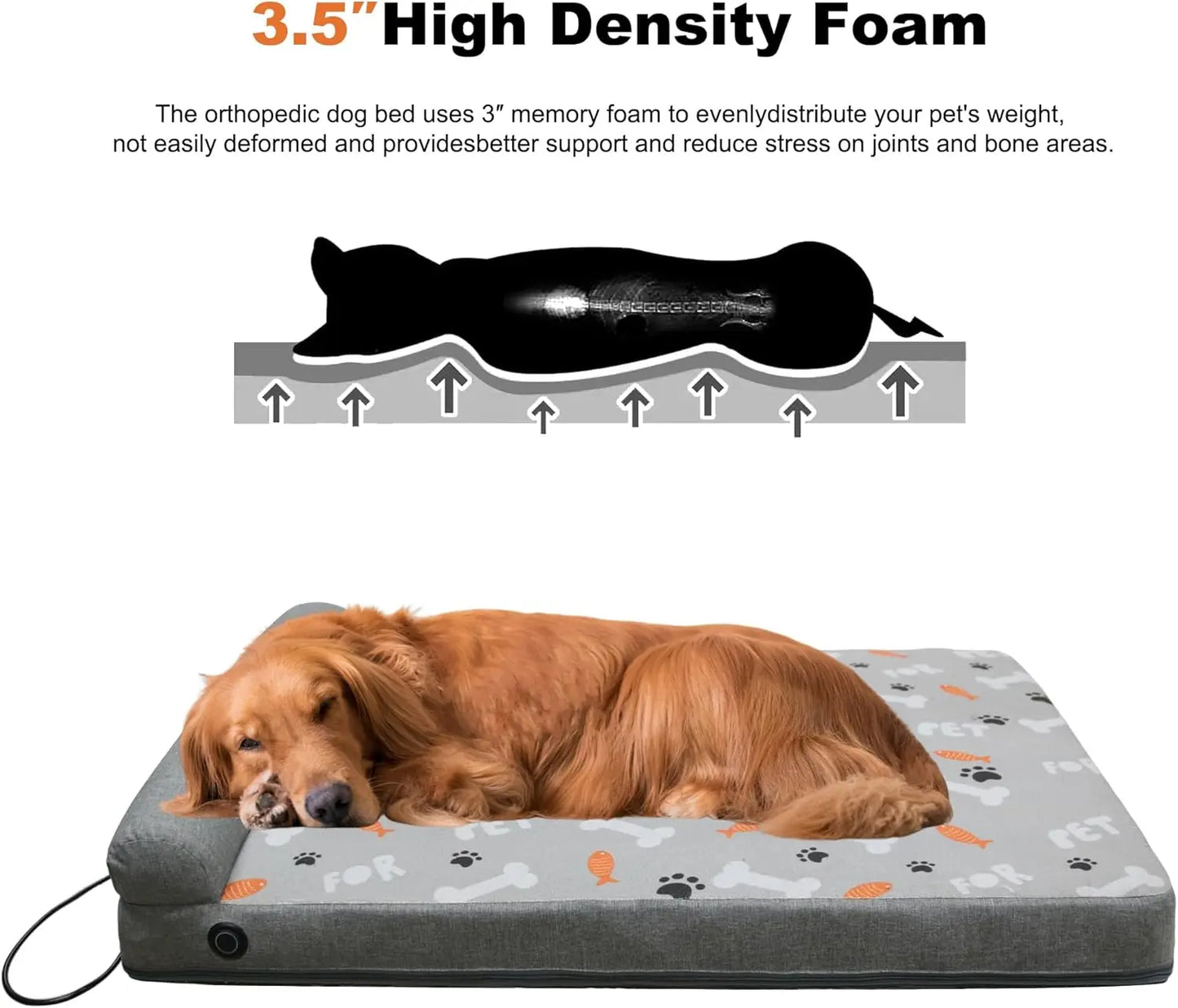Electric Heated Orthopedic Dog Bed with Memory Foam, Waterproof Cover for Medium Large Dogs, 35x26.5 Inches
