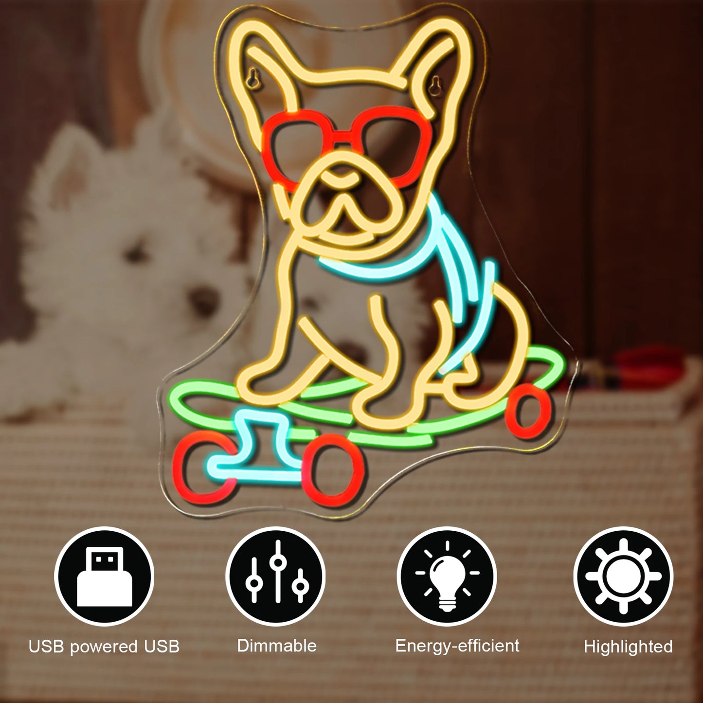 Skateboard Dog Neon Sign Room Art Neon Lights For Kid's Room Decor Pet Shop Dog Club Dimmable Wall Decor Lamp USB Powered