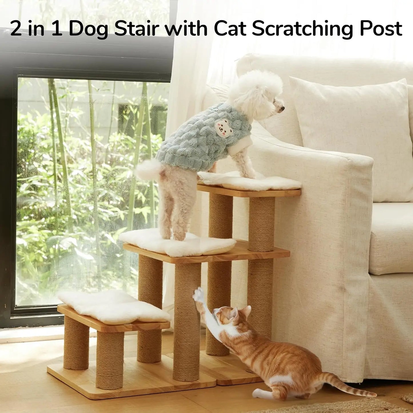 Solid Wood Pet Stairs with Cat Scratching Post, Transformable Ramp Holds 200 lbs, 20 Inch Steps for Dogs and Cats