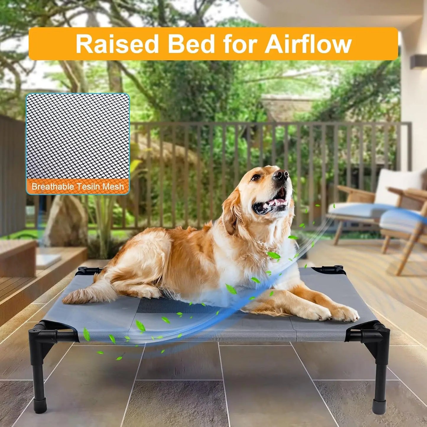Outdoor Elevated Dog Bed for Large Dogs, Washable Cooling Pet Cot with Plush Mat, Chew-Proof & Breathable (L)