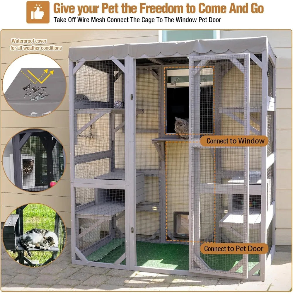 Large Catio Outdoor Cat Enclosure with Condos, Wood Catio Walk in Cat House, Kitty Shelter Indoor with Waterproof Roof