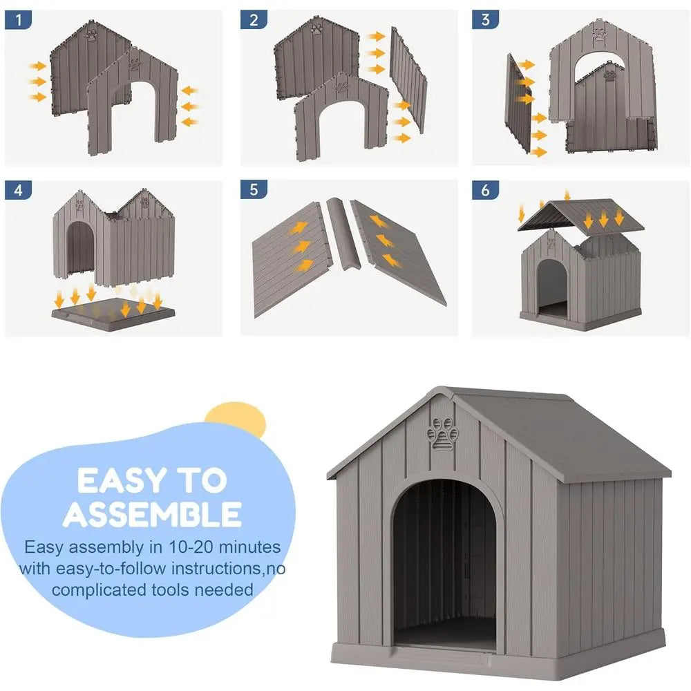 Sturdy Waterproof Plastic Doghouse for Small to Medium Dogs, Indoor/Outdoor, with Air Vents and Elevated Floor, Easy Assembly an