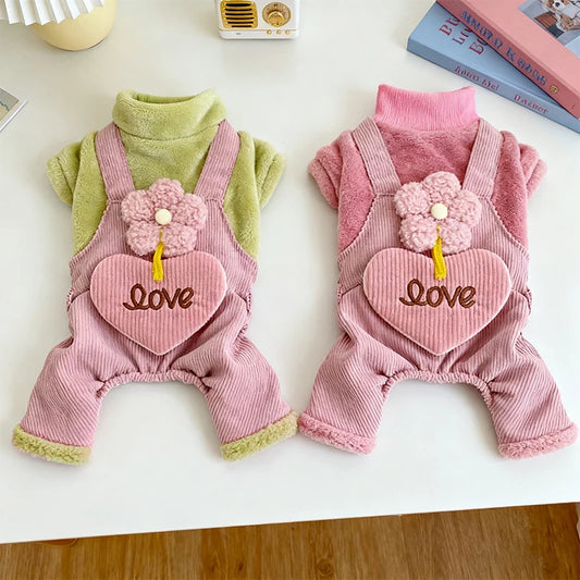 Fleece Dog Jumpsuit Flower Print Sweatshirt Chihuahua Bichon Warm Clothing for Small Dog Four Legs Outfit Winter Pet Costume