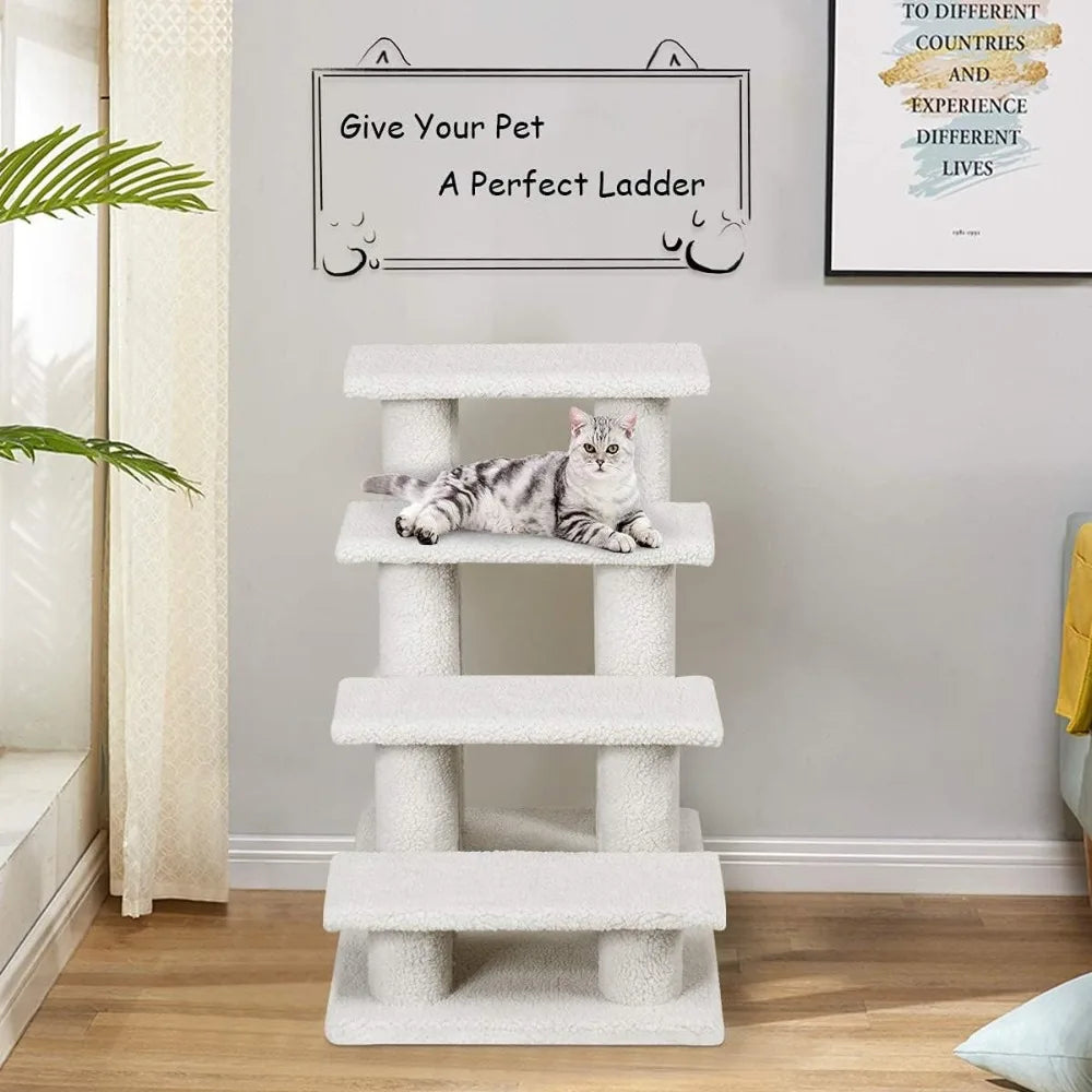 Pet Stairs For Cats And Dogs, 4-Step Carpeted Ladder Ramp Cat Climber Cat Scratching Post, Multi-Step Dog Stairs For Hi