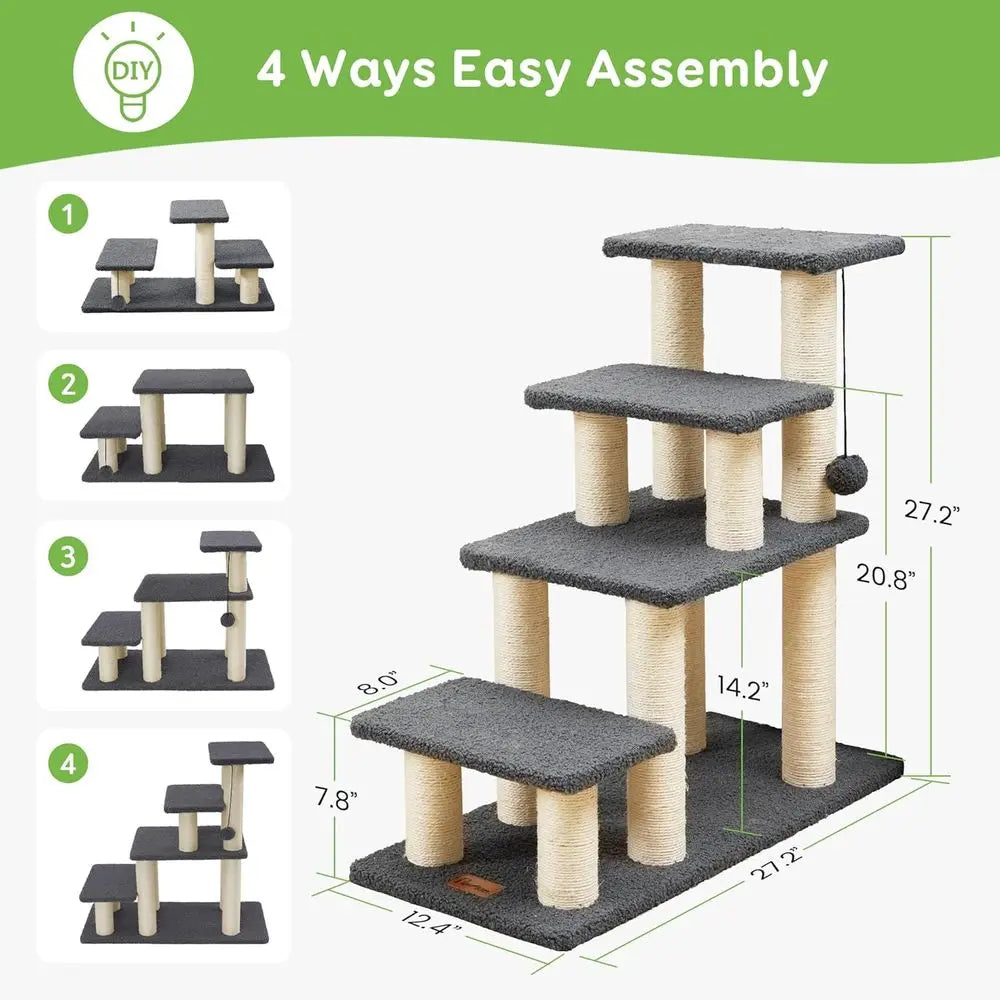 Pet Stairs & Scratching Post: 4-Step High-Strength Steps for Cats, Dogs, and Kittens - Supports up to 150 lbs, Ideal for High Be