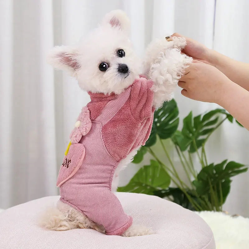 Fleece Dog Jumpsuit Flower Print Sweatshirt Chihuahua Bichon Warm Clothing for Small Dog Four Legs Outfit Winter Pet Costume